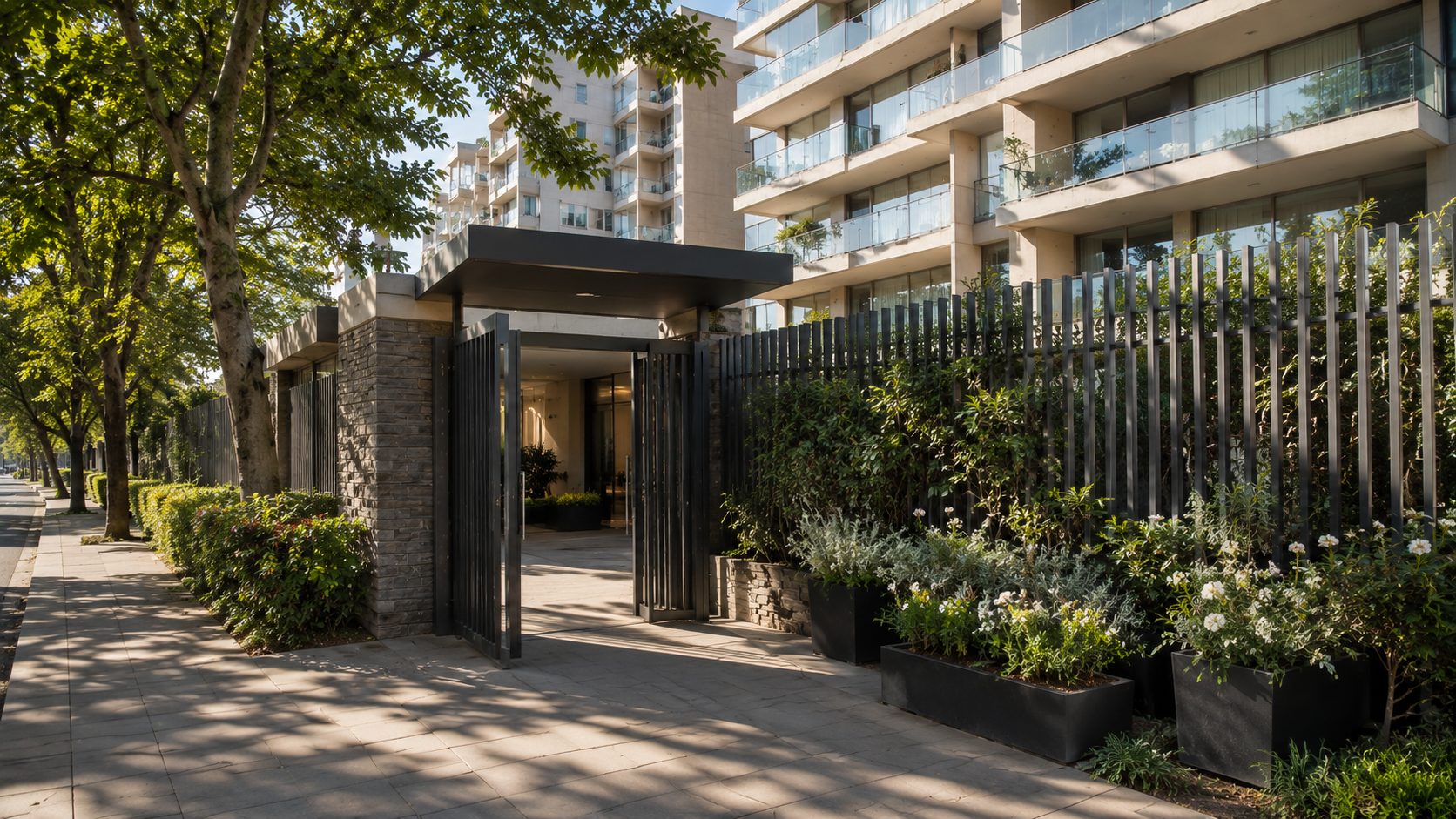 Entrada principal de un condominio residencial en Santiago