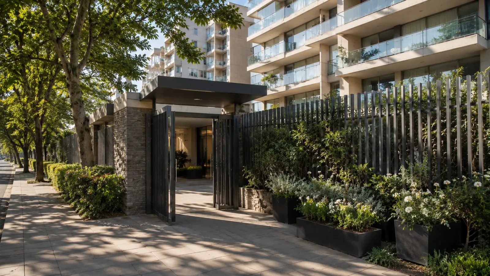 Entrada principal de un condominio residencial en Santiago