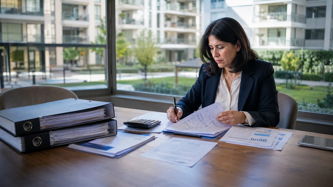 Contadora auditora revisando documentación de gastos comunes de un condominio