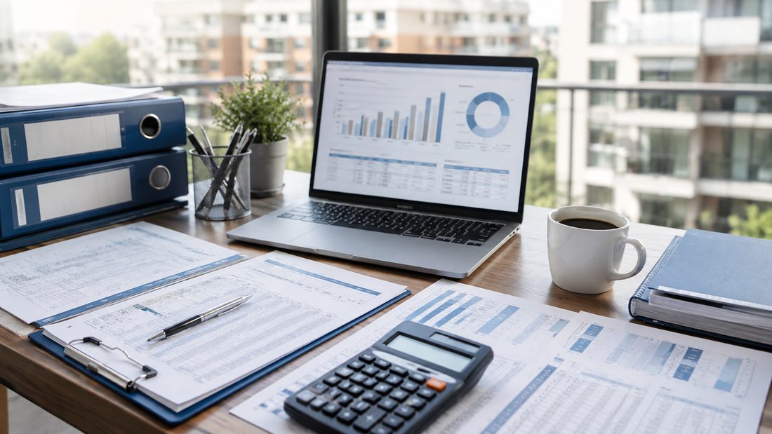 Escritorio con planillas contables y estados financieros de una comunidad