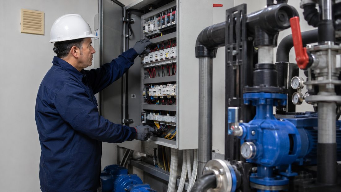 Técnico revisando el tablero eléctrico en la sala de máquinas de un edificio residencial